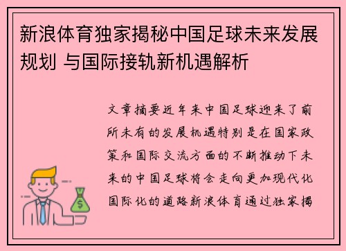 新浪体育独家揭秘中国足球未来发展规划 与国际接轨新机遇解析